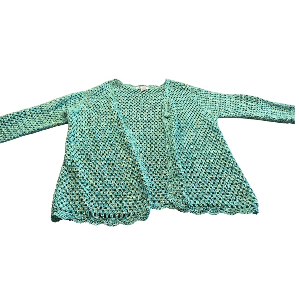 The Dress Shop Crochet Cardigan Open Knit Scalloped Teal Green XL Boho Layering